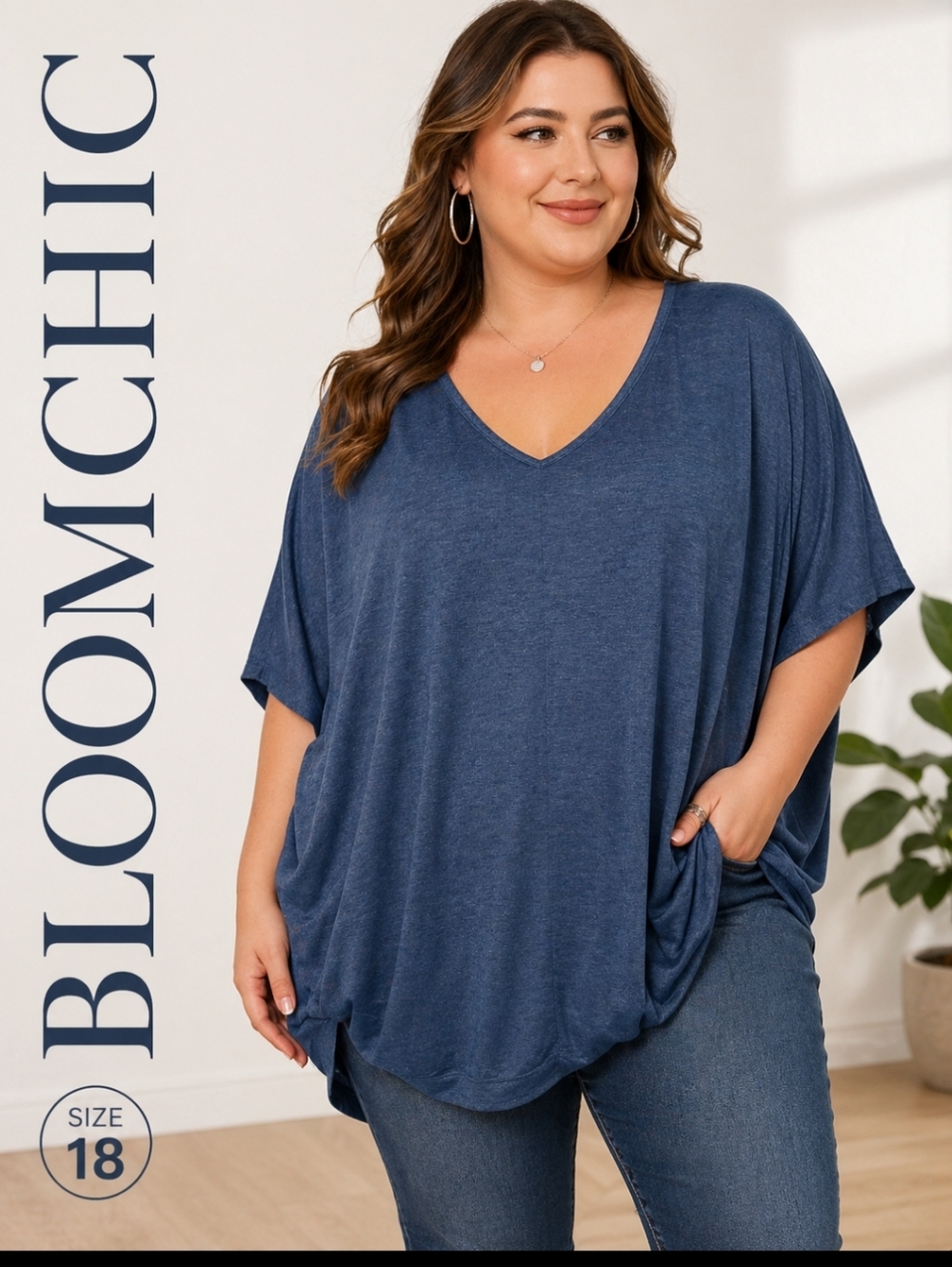 NWT BLOOMCHIC Womens 18/20 (UNIQUE) V-Neck Stretch Dolman Boho Top Heather Blue